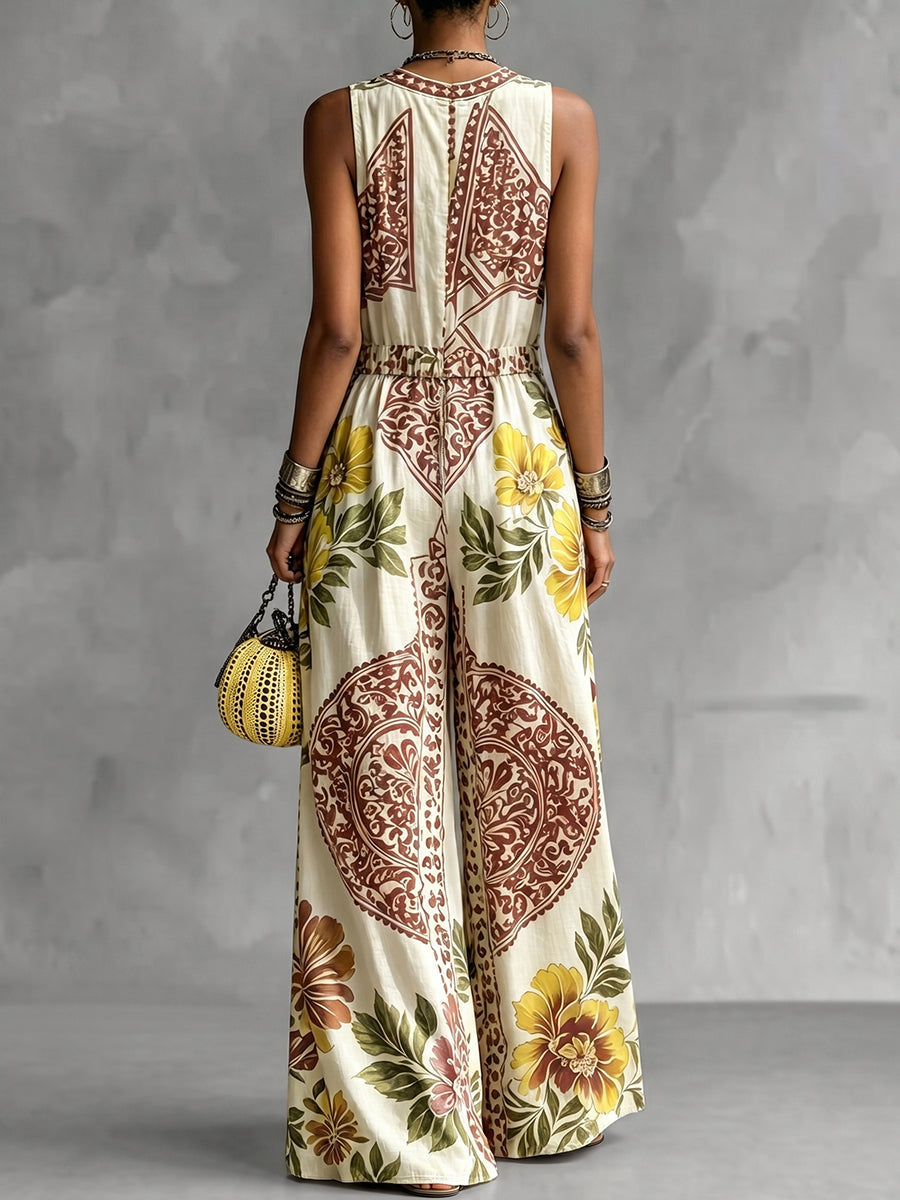 Floral V-Neck Pocket Sleeveless Jumpsuit