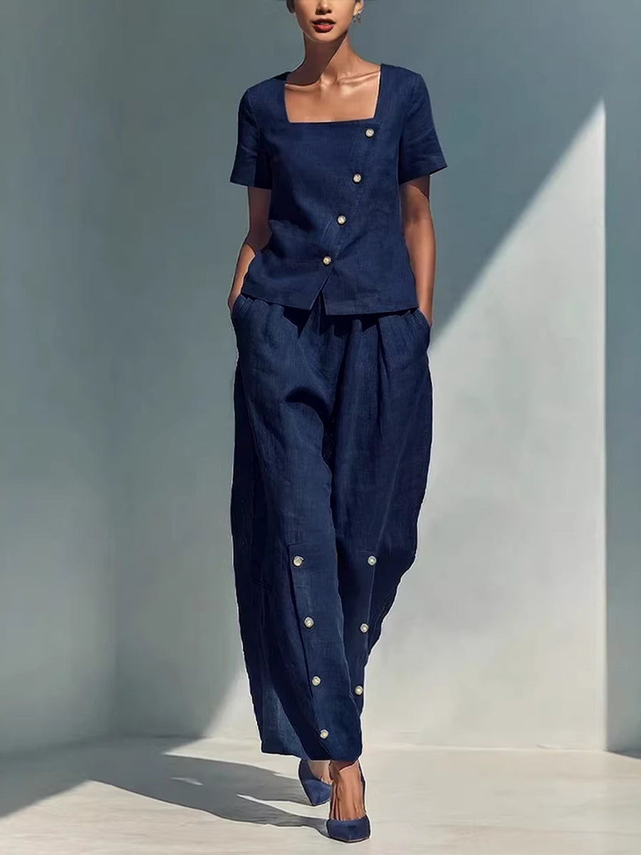 Wide-Leg Button-Detail Pocket Relaxed Pants