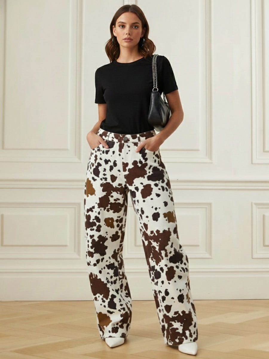 Printed High-Waist Contrast Pants