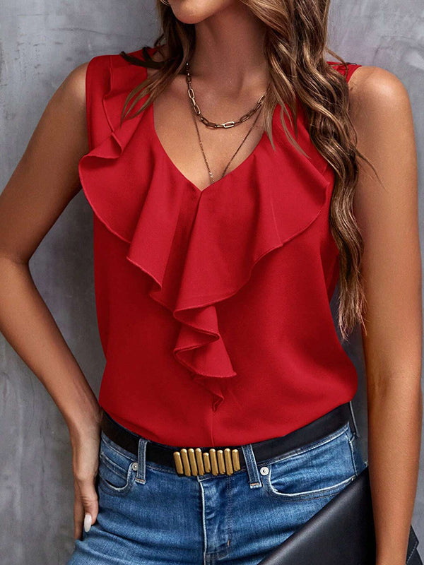 V-Neck Ruffle Sleeveless Relaxed Vest