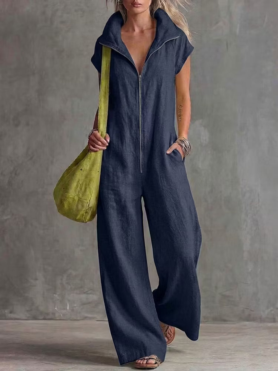 Wide-Leg Stand-Collar Zip Pocket Jumpsuit