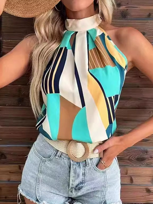 Printed Halter-Neck Pleated Sleeveless Vest