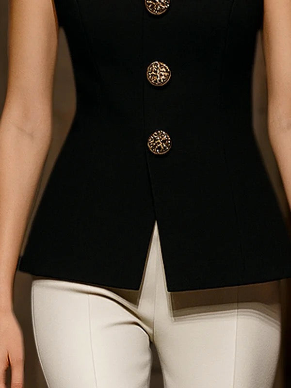 Round-Neck Button-Detail Sleeveless Vest