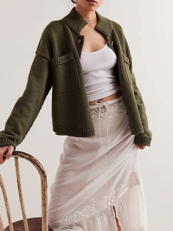 Stand-Collar Button-Detail Pocket Long-Sleeve Cardigan