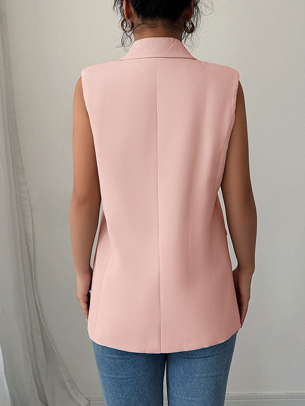 Notch-Collar Button-Detail Pocket Sleeveless Blazer