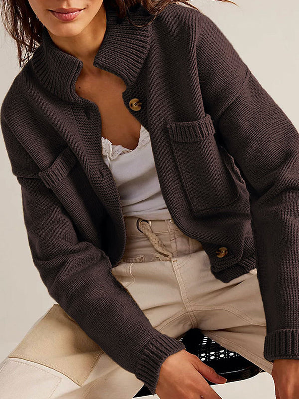 Stand-Collar Button-Detail Pocket Long-Sleeve Cardigan