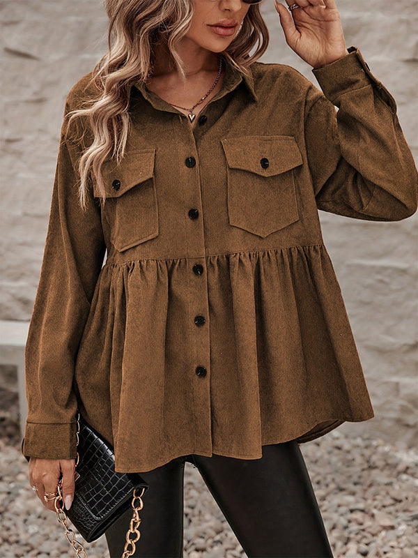 Pleated A-Line Button-Detail Pocket Jacket