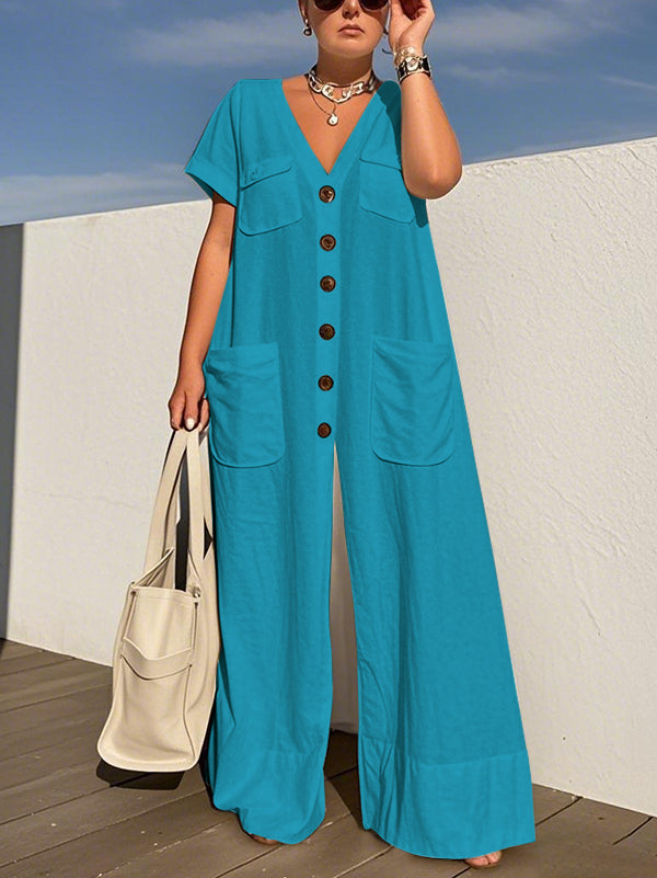 V-Neck Button-Detail Pocket Short-Sleeve Jumpsuit
