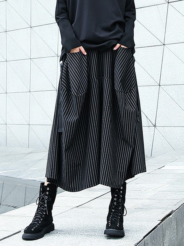 Striped High-Waist Pocket Elastic Culottes