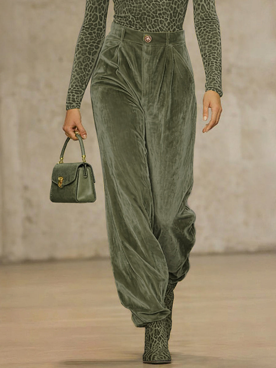 Velvet High-Waist Pleated Pocket Pants