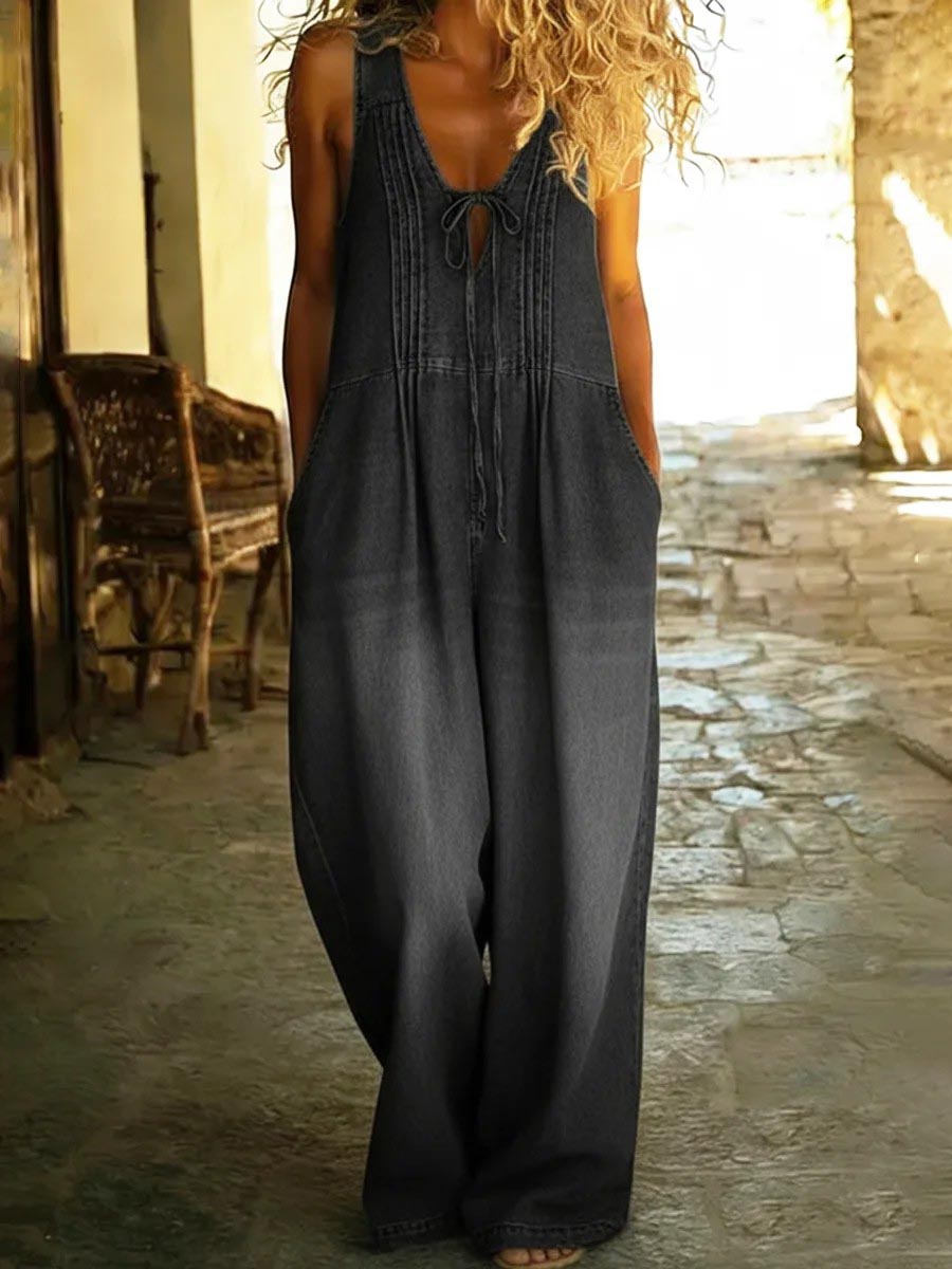 V-Neck Pleated Pocket Sleeveless Jumpsuit