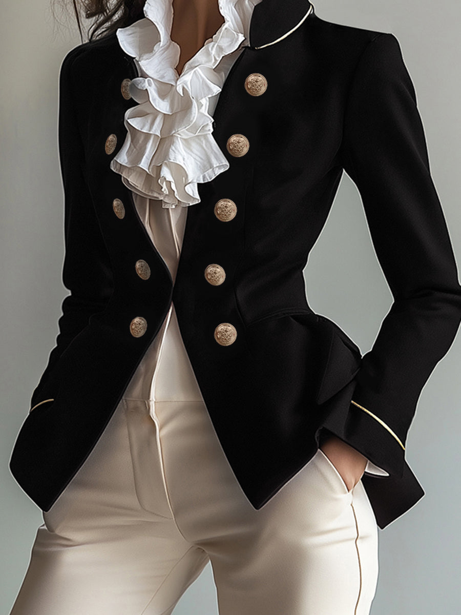 Stand-Collar Button-Detail Long-Sleeve Blazer