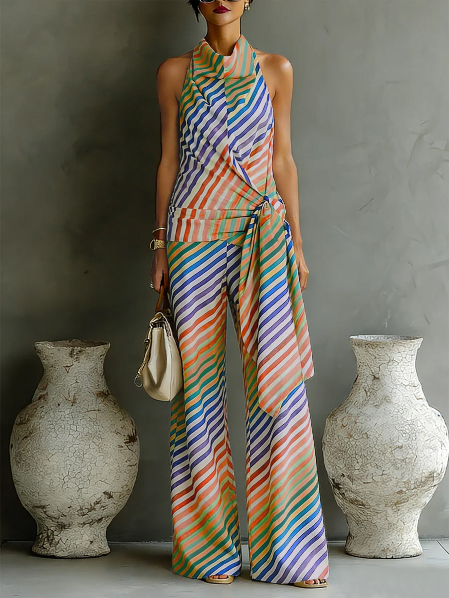 Striped Halter-Neck Open-Back Sleeveless Vest