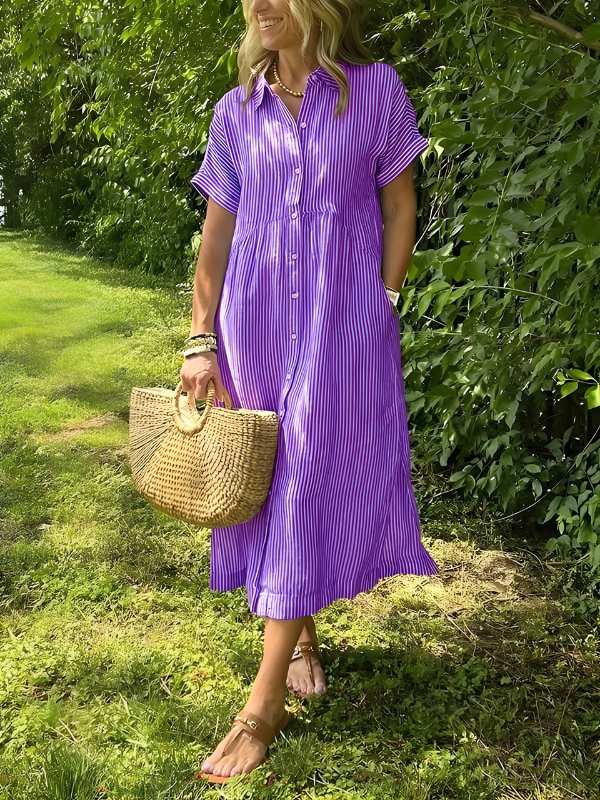 Marina | Striped Maxi Shirt Dress with Pockets