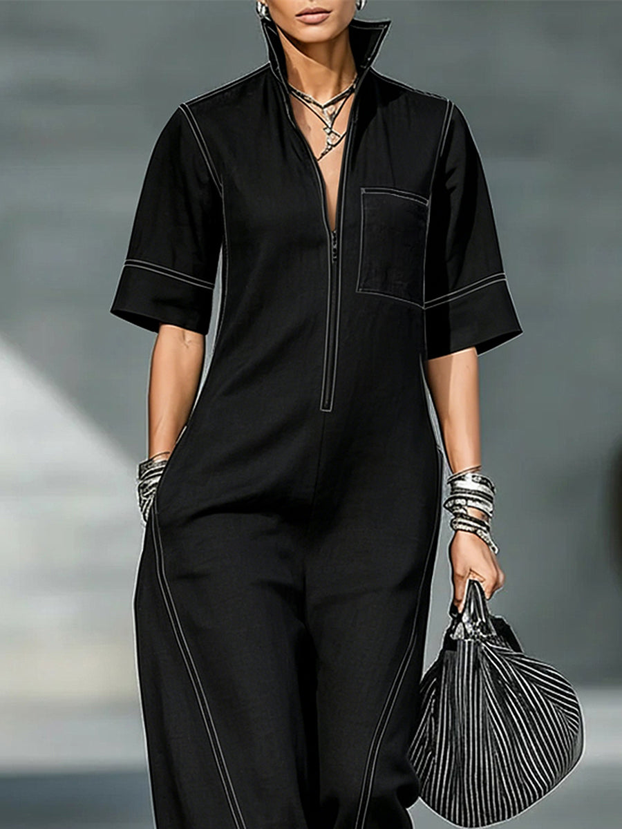 Stand-Collar Zip Pocket Short-Sleeve Jumpsuit