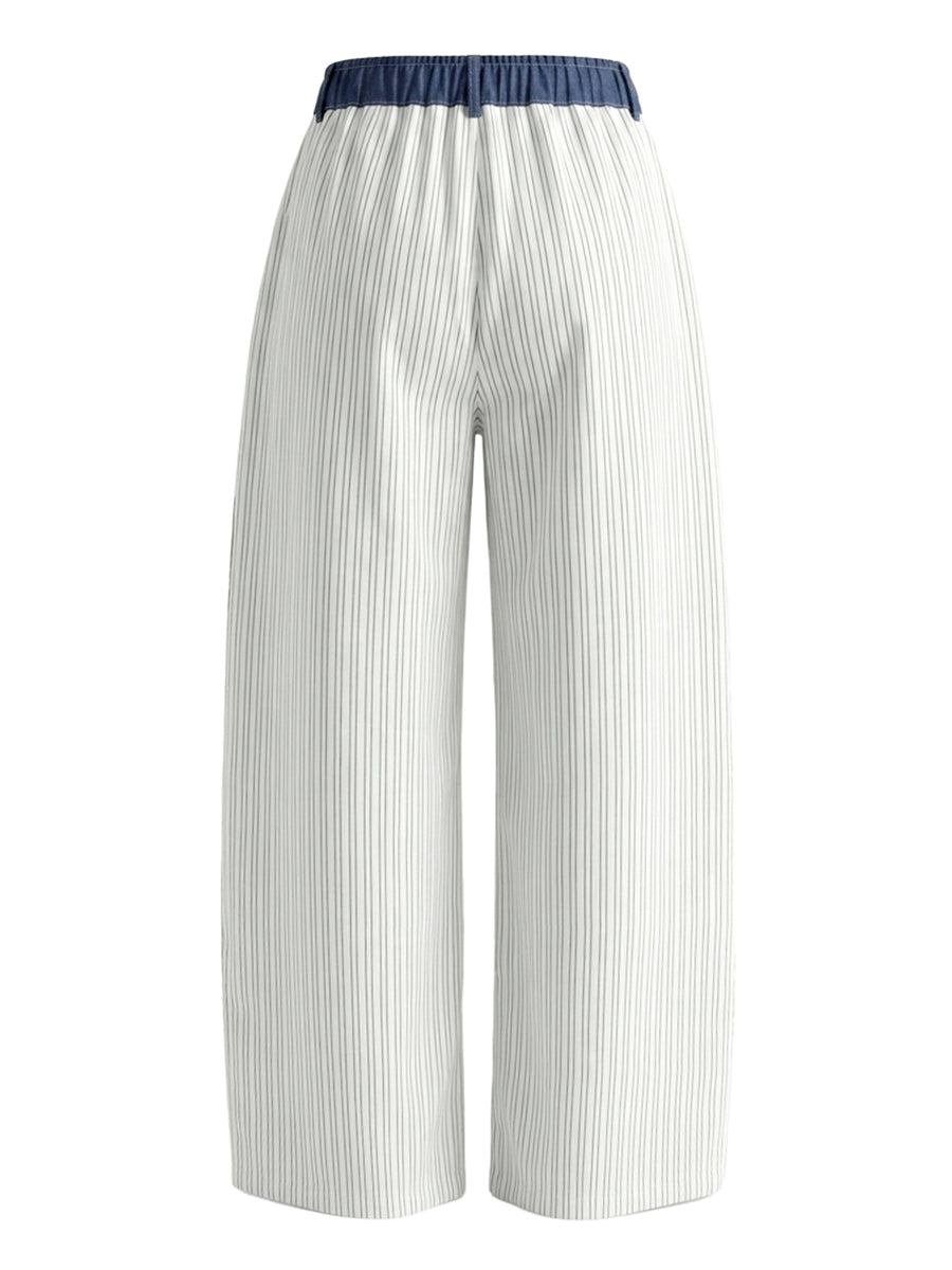 Striped High-Waist Button-Detail Pocket Pants