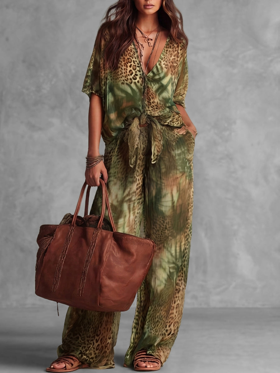 Leopard Print Wide-Leg High-Waist Pocket Pants