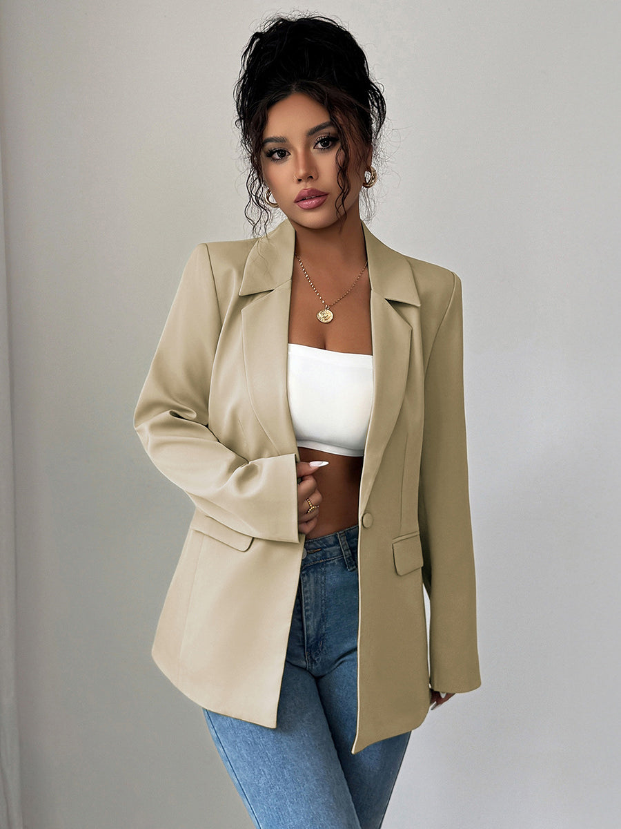 Notch-Collar Button-Detail Pocket Long-Sleeve Blazer