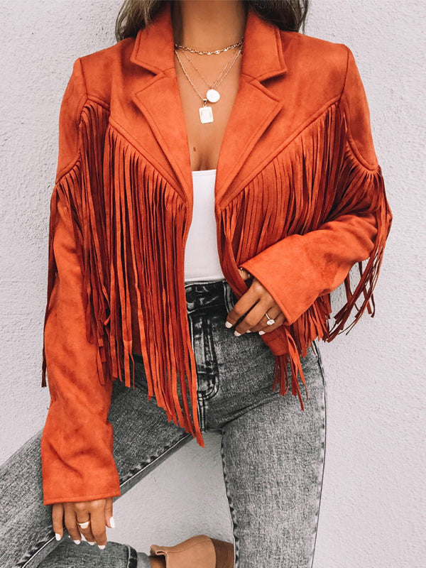 Notch-Collar Fringe Long-Sleeve Jacket
