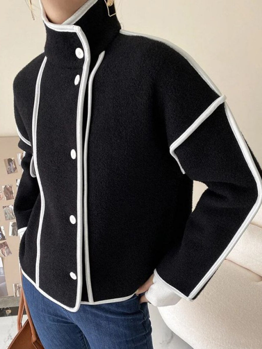 Stand-Collar Button-Detail Long-Sleeve Relaxed Jacket