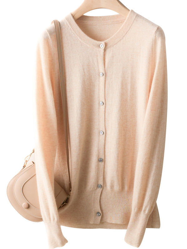 Knit Round-Neck Button-Detail Long-Sleeve Cardigan