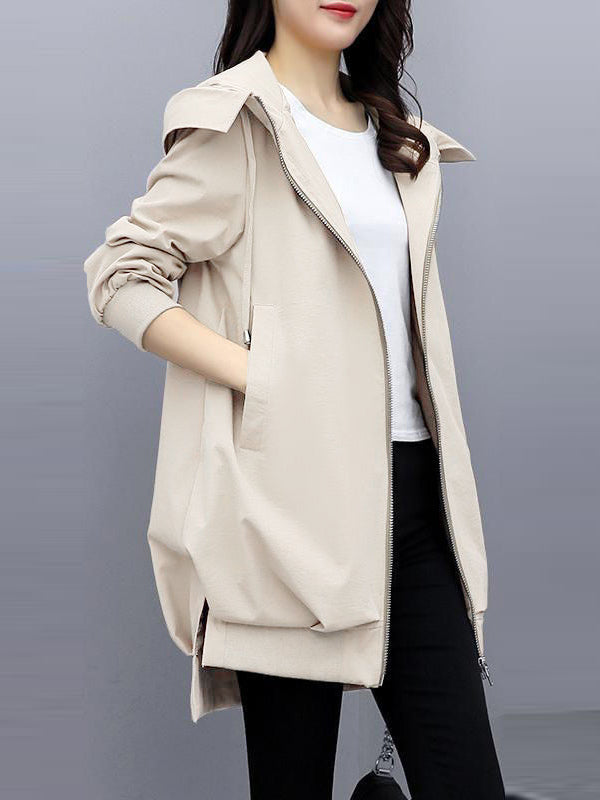 Hooded Pleated Zip Long-Sleeve Jacket