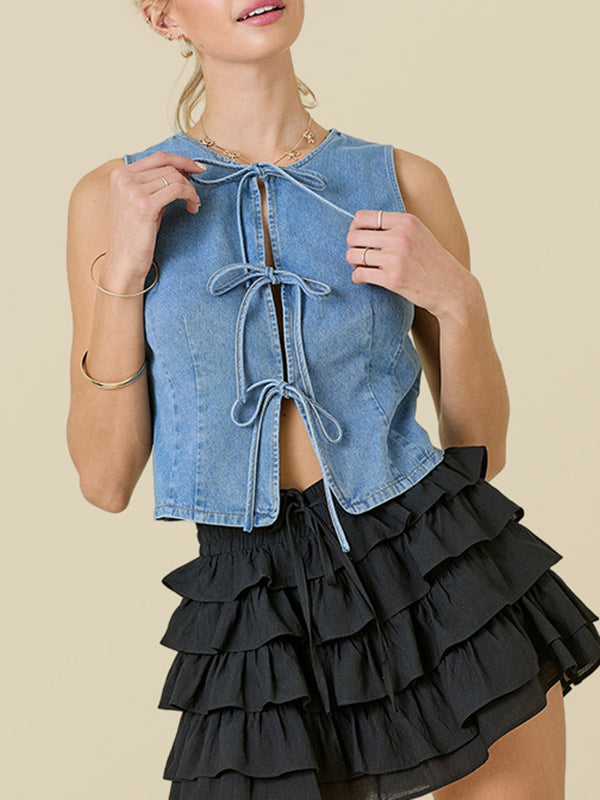 Lace Round-Neck Sleeveless Relaxed Vest