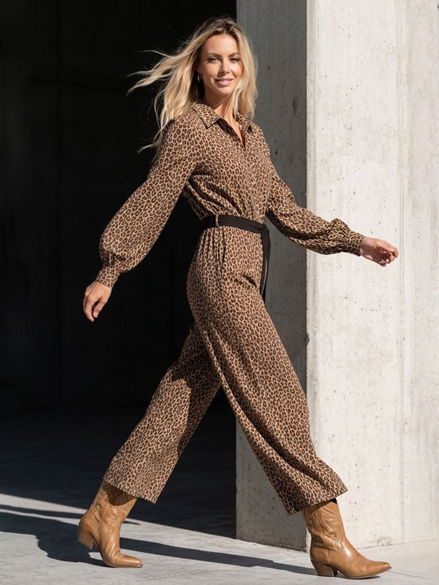 Leopard Print Wide-Leg Button-Detail Pocket Jumpsuit