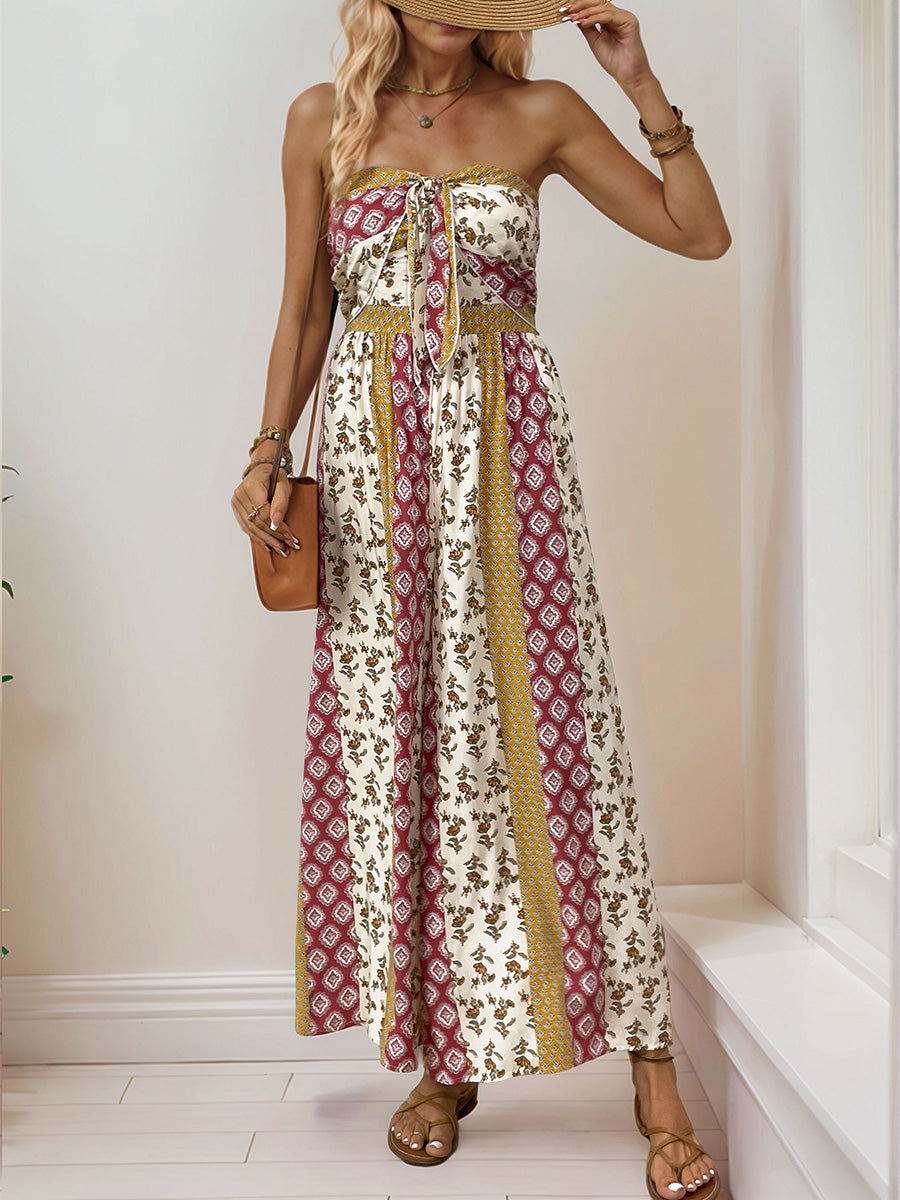 Printed High-Waist Pleated Open-Back Jumpsuit