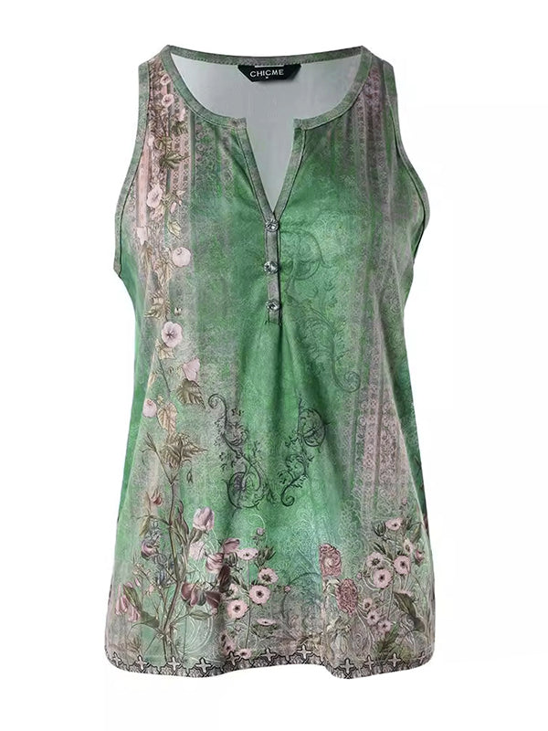 Floral V-Neck Button-Detail Sleeveless Vest