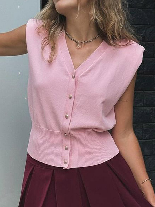 V-Neck Button-Detail Sleeveless Relaxed Vest