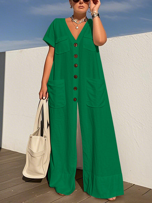 V-Neck Button-Detail Pocket Short-Sleeve Jumpsuit