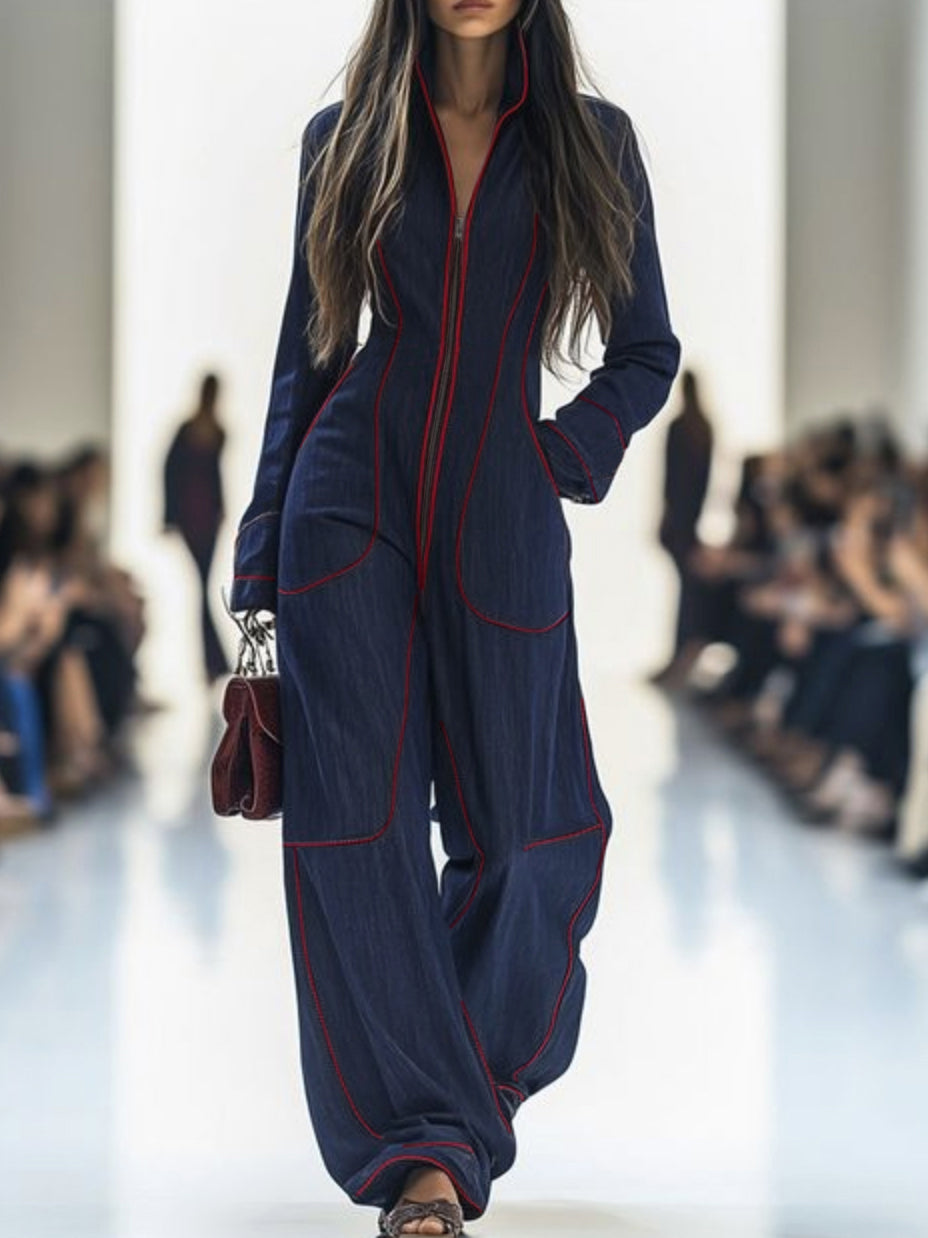 Wide-Leg Stand-Collar Zip Long-Sleeve Jumpsuit