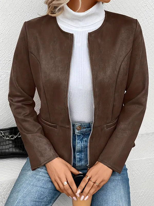 Round-Neck Zip Pocket Long-Sleeve Jacket