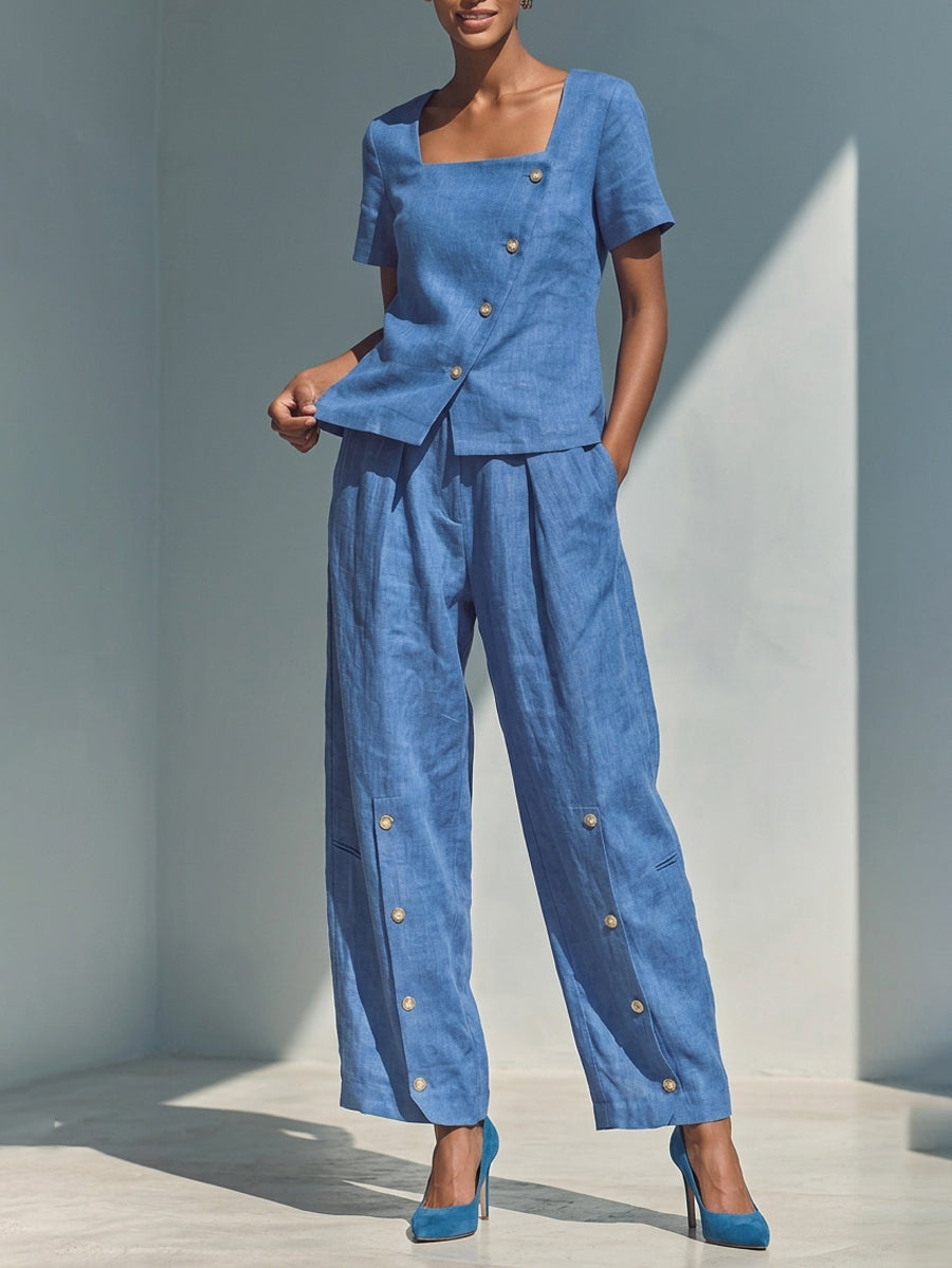 Wide-Leg Button-Detail Pocket Relaxed Pants