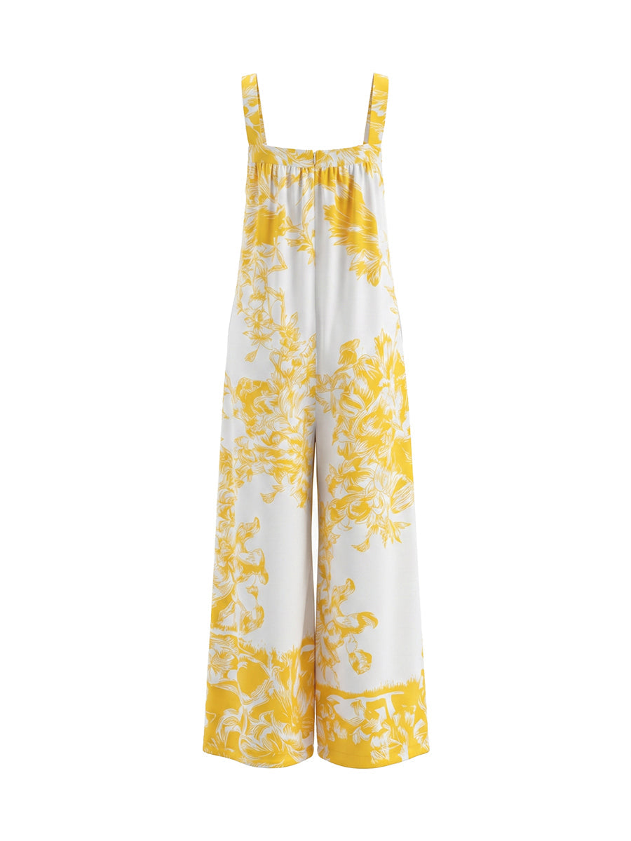 Floral Wide-Leg Pleated Pocket Jumpsuit