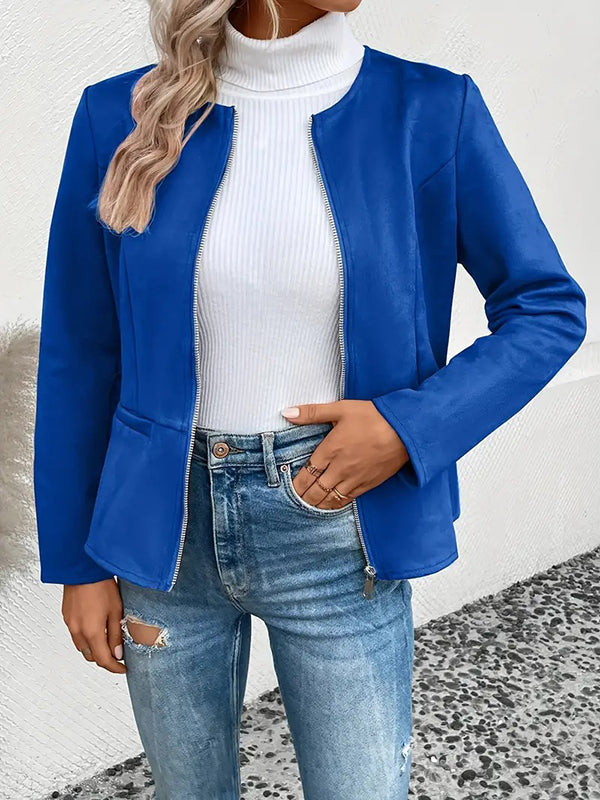 Round-Neck Zip Pocket Long-Sleeve Jacket