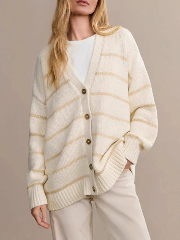Striped V-Neck Long-Sleeve Relaxed Cardigan