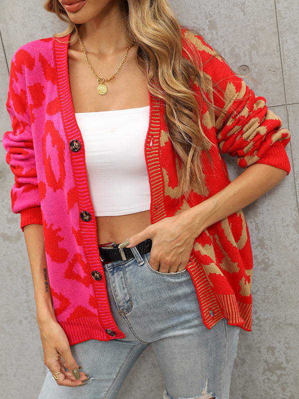 Leopard Print V-Neck Button-Detail Long-Sleeve Cardigan