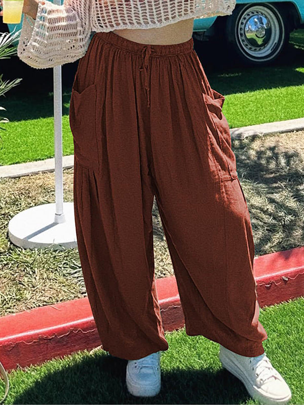 High-Waist Pleated Drawstring Pocket Pants