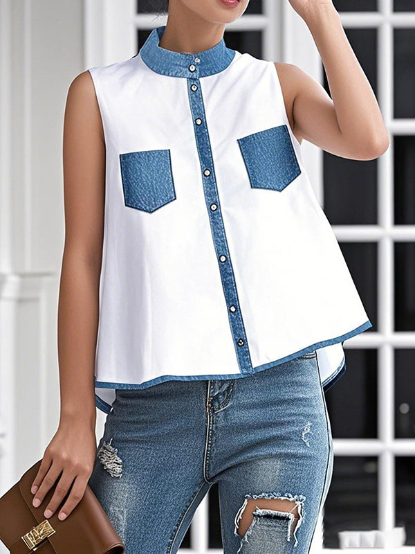 A-Line Button-Detail Pocket Contrast Tank Top