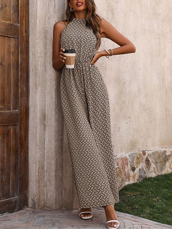 Printed Wide-Leg Round-Neck Elastic Jumpsuit