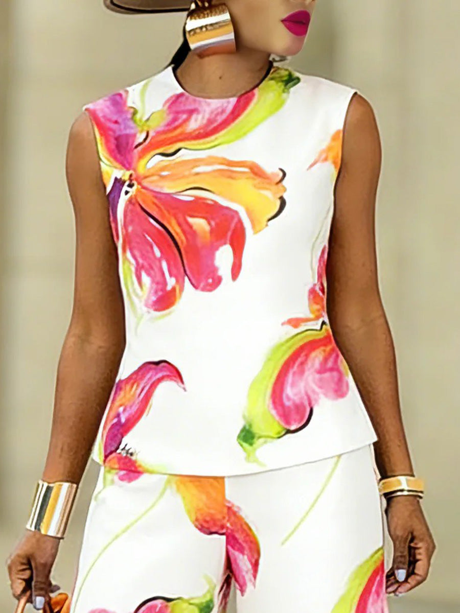 Floral Round-Neck Sleeveless Relaxed Tank Top