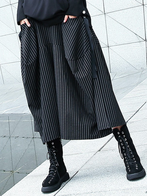 Striped High-Waist Pocket Elastic Culottes