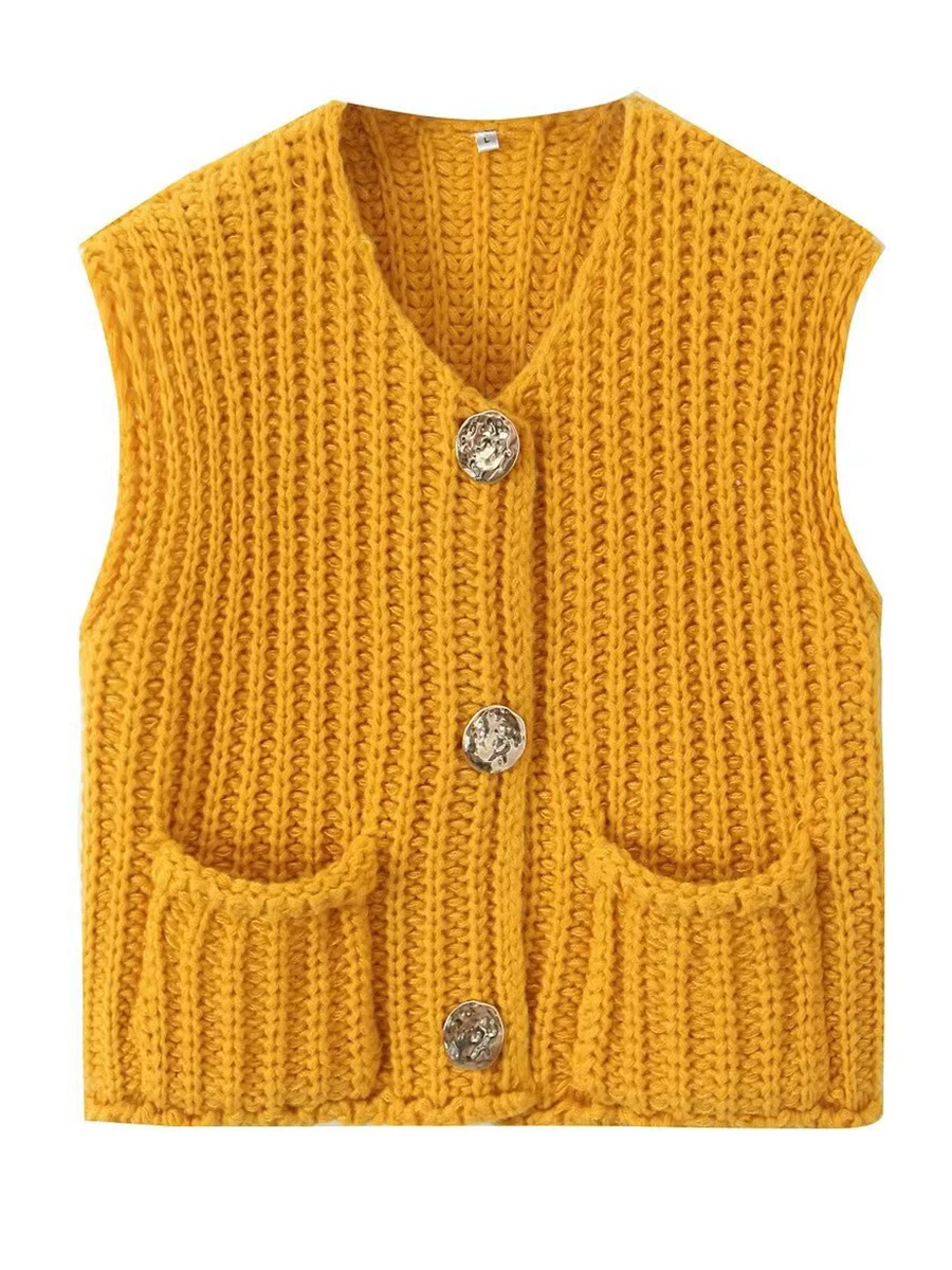 Knit Button-Detail Pocket Sleeveless Cardigan