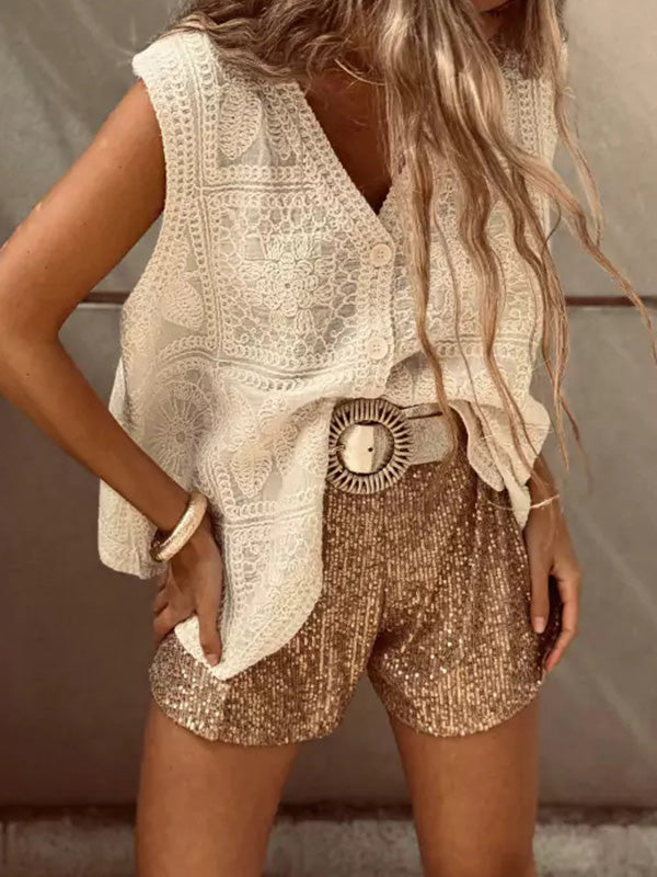 V-Neck Embroidered Button-Detail Sleeveless Vest