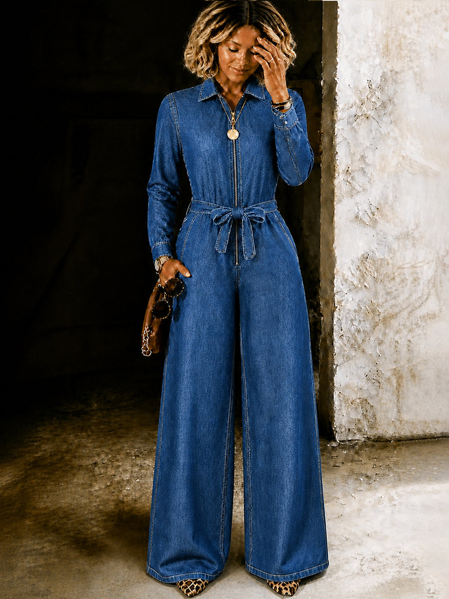 Wide-Leg Zip Pocket Long-Sleeve Jumpsuit
