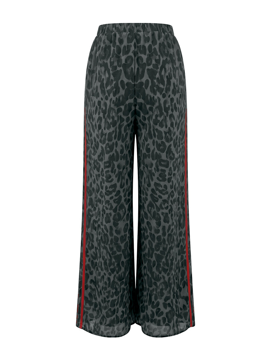 Leopard Print Striped Wide-Leg Pocket Pants