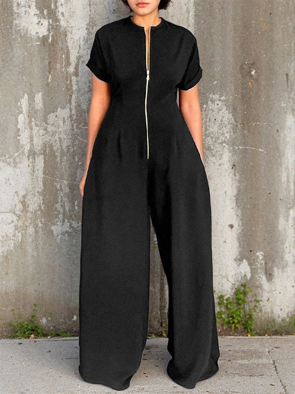 Wide-Leg Round-Neck Pleated Zip Jumpsuit