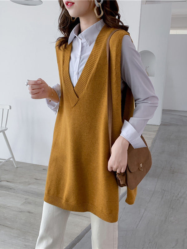 Knit V-Neck Side-Split Sleeveless Vest
